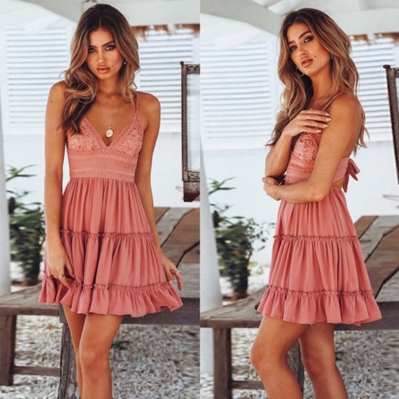 IN STOCK - boho gypsy ruffle back tie mini dress - Picture 2 of 2